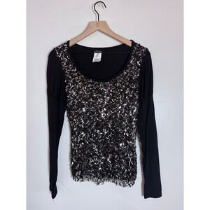 Kikiriki Black Silver Sequin Beaded Long Sleeve Top Y2K Clubwear